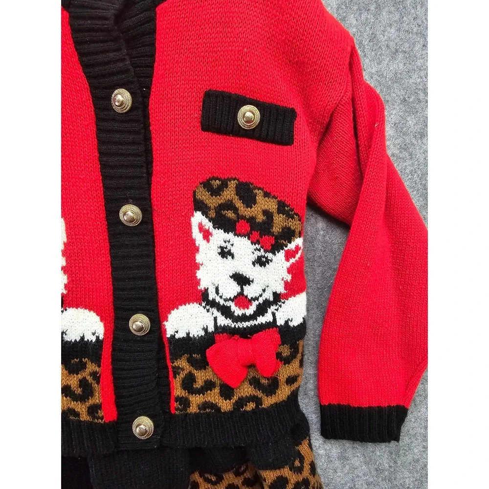 Jet Set Sweaters Vintage Kids Red Leopard Puppy Knit Cardigan Skirt Set Size‎ 6